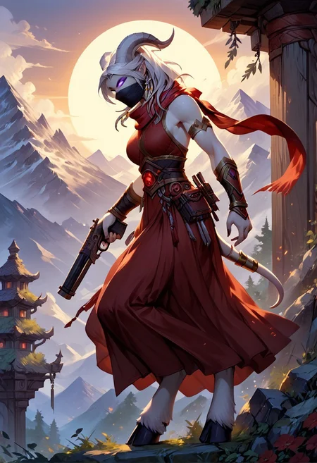 masterpiece, score_9, score_8_up, score_7_up, score_6_up, world of warcraft,

outdoor, evening, mountains,

(female, mature, draenei, h0rns, ram horns, white horns, athletic arms, pale white skin, long white hair, four fingers, one thumb), (purple eyes), stern face, stern look, 

(long loose red dress, simple armlet, black facemask, red silk scarf), GunMonk, shotgun, 

full body, side view