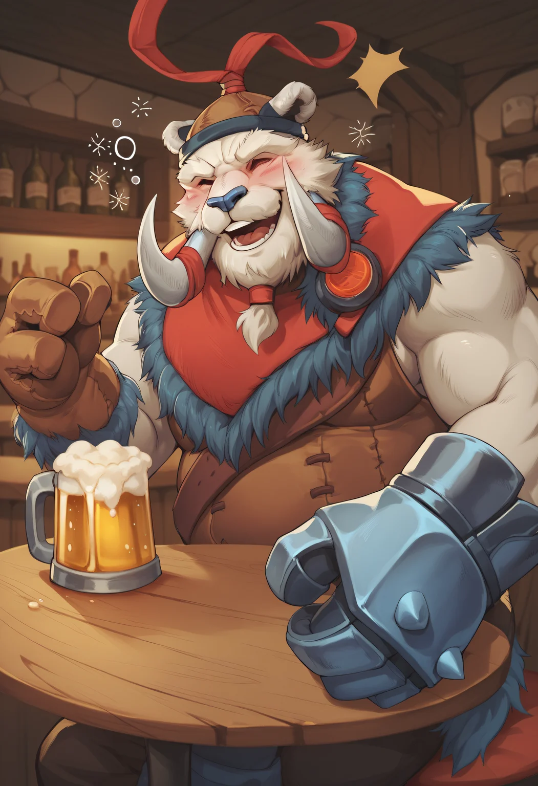 score_9, score_8_up, score_7_up, score_6_up, score_5_up, score_4_up, BREAK, sollyz, by sollyz, tuskpdxl, tusks, gloves, coat, rock fist, hat, red ribbon, white fur, 1boy, male focus, solo, plump, furry male, furry, beard, facial hair, laughing, beer, indoors, holding mug, drunk, sitting, bar, friendly, closed eyes, <lora:YmirTheTusk:0.75>