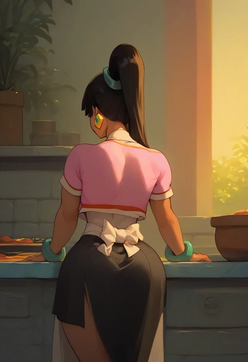 masterpiece, score_9, score_8_up, score_7_up, (best quality:1.1), ultra-detailed, high resolution, super detailed skin, ((cute)), Highly Visible, 8k, sharp focus, beautiful, perfect lighting, smooth edges, 1 girl, ChelXLP, chel from (el dorado), ((ponytail)),green earrings,
(((pink shirt, apron, black skirt, ,kitchen,cooking,facing away,rear shot))),
inside, kitchen,stove,
standing, feet apart,latina girl, very long hair, tan skin,(large breasts), (thick thighs), closeup, ((closeup)),cowboy shot,csr style,g4n1m3