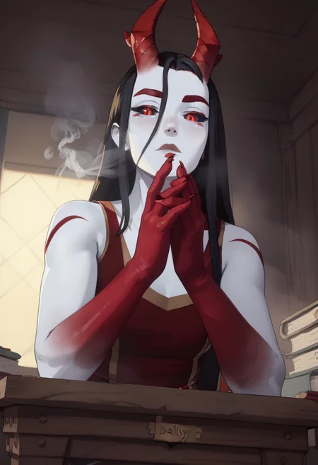 Score_9, Score_8, Score_7, TDPStyle, 43stl1ght1ng, low light, dramatic lighting, darkness, dladywolf, eye lighting, horns, tail, long hair, black hair, white skin, striped, red hands, demon girl, monster girl, red eyes, black sclera, bust shot, smoke, sitting behind oak desk, looking at viewer, from below