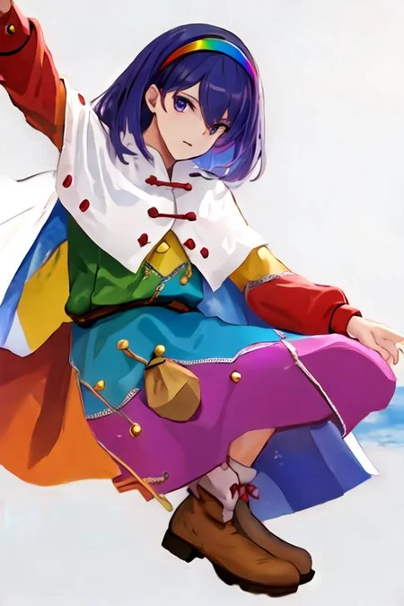 solo_focus, 1girl, ((white background, simple background)):2, (((masterpiece))), ((best quality)), ((ultra-detailed)), high resolution, absurdres, highres, ultra-detailed 8k unity wallpaper, 
Tenkyuu Chimata, multicolored hairband, multicolored dress, zipper lines (clothes), cape, cloud print, brown bag belt, pink boots,