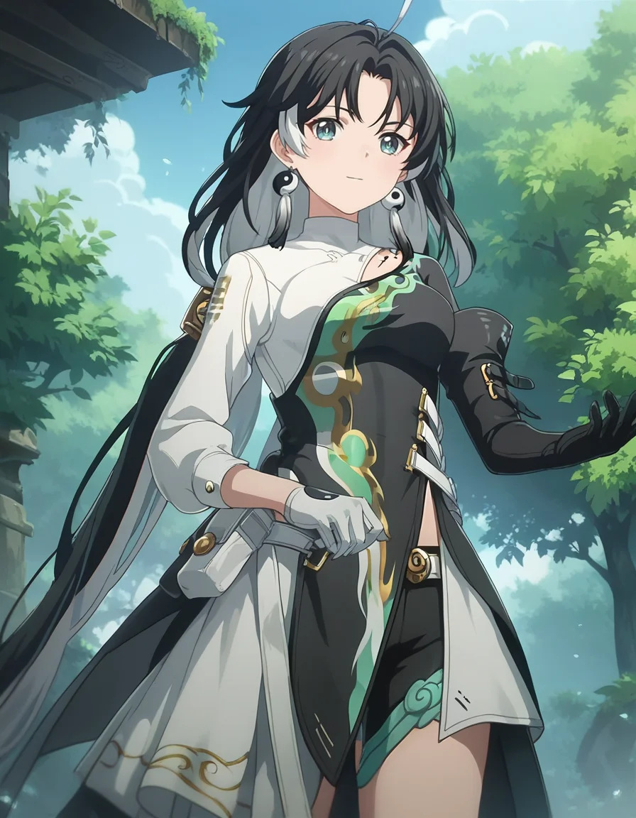 score_9,score_8_up,score_7_up,score_6_up,outdoors,standing,cowboy shot,looking at viewer,
<lora:jianxin_pony:0.7>,jianxin,1girl,solo,gloves,jewelry,earrings,black hair,multicolored hair,long hair,white gloves,black gloves,long sleeves,clothing cutout,bangs,ahoge,yin yang,<lora:Anime_Screencap:1>,anime screencap,
