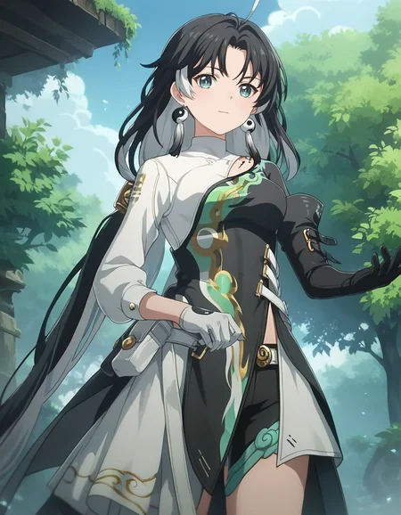 score_9,score_8_up,score_7_up,score_6_up,outdoors,standing,cowboy shot,looking at viewer,
<lora:jianxin_pony:0.7>,jianxin,1girl,solo,gloves,jewelry,earrings,black hair,multicolored hair,long hair,white gloves,black gloves,long sleeves,clothing cutout,bangs,ahoge,yin yang,<lora:Anime_Screencap:1>,anime screencap,