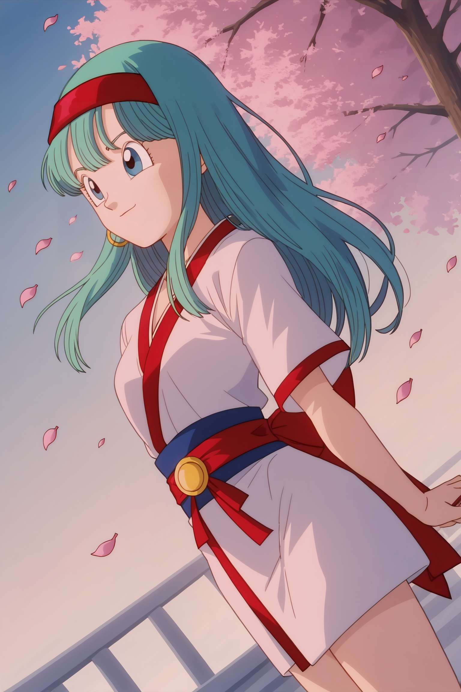 source_anime, score_9, score_8_up, score_7_up, anime screencap, absurdres,
bra \(dragon ball\), official style, 
1girl, solo, aqua hair, blue eyes, long hair, 
temple, kimono, red sash, cherry blossoms, pink sky, falling leaves, cowboy shot, dutch angle,
 <lora:bra_v1:0.7>