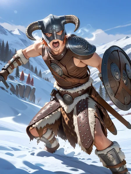 realistic, dovahkiin armor, solo, 1boy, shield, horned helmet, male focus, sword, snow, open mouth, shoulder armor, sheath, brown gauntlets
masterpiece,best quality,amazing quality,very aesthetic,absurdres,newest,<lora:Dovahkiin illuXL v1:0.78>,