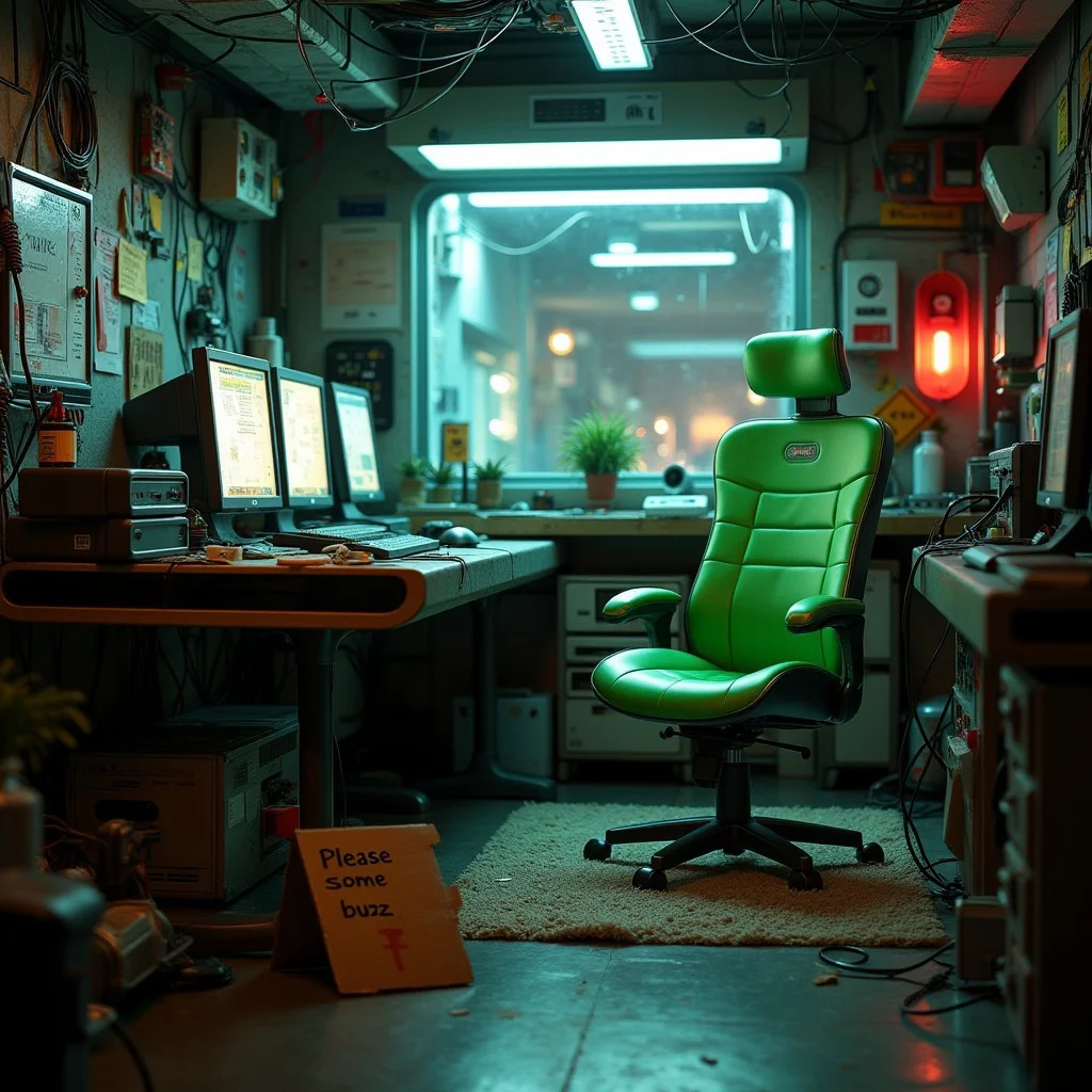 futuristic setting. inside a messy cyber-room is a green empty chair. there a futuristic computers and cables everywhere. a red glow is outside. in the room there is a futuristic messy table. on the floor there is a folding sign out of cardboard. on the sign is written "Please some buzz"