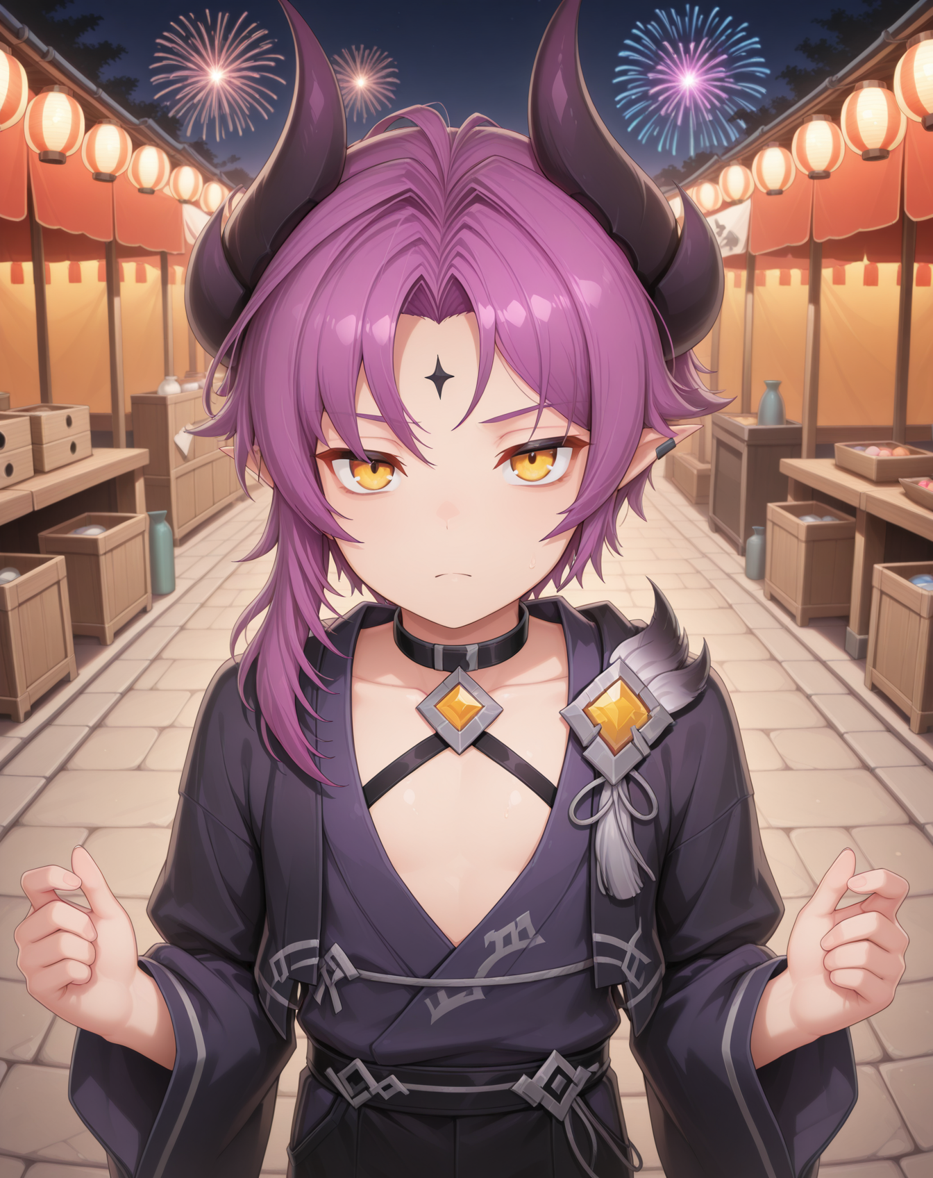 masterpiece,best quality,amazing quality, newest, very aesthetic, absurdres,
1boy, solo, yaoi, male focus, looking at viewer, cowboy shot,
<lora:Veigas_T_Default_ilxl:1> veigastdefault, demon horns, yellow eyes, purple hair, pointy ears, forehead mark, demon boy, parted bangs, black horns,asymmetrical hair,
yukata, open clothes,
outdoors, festival, night, fireworks, stone floor,