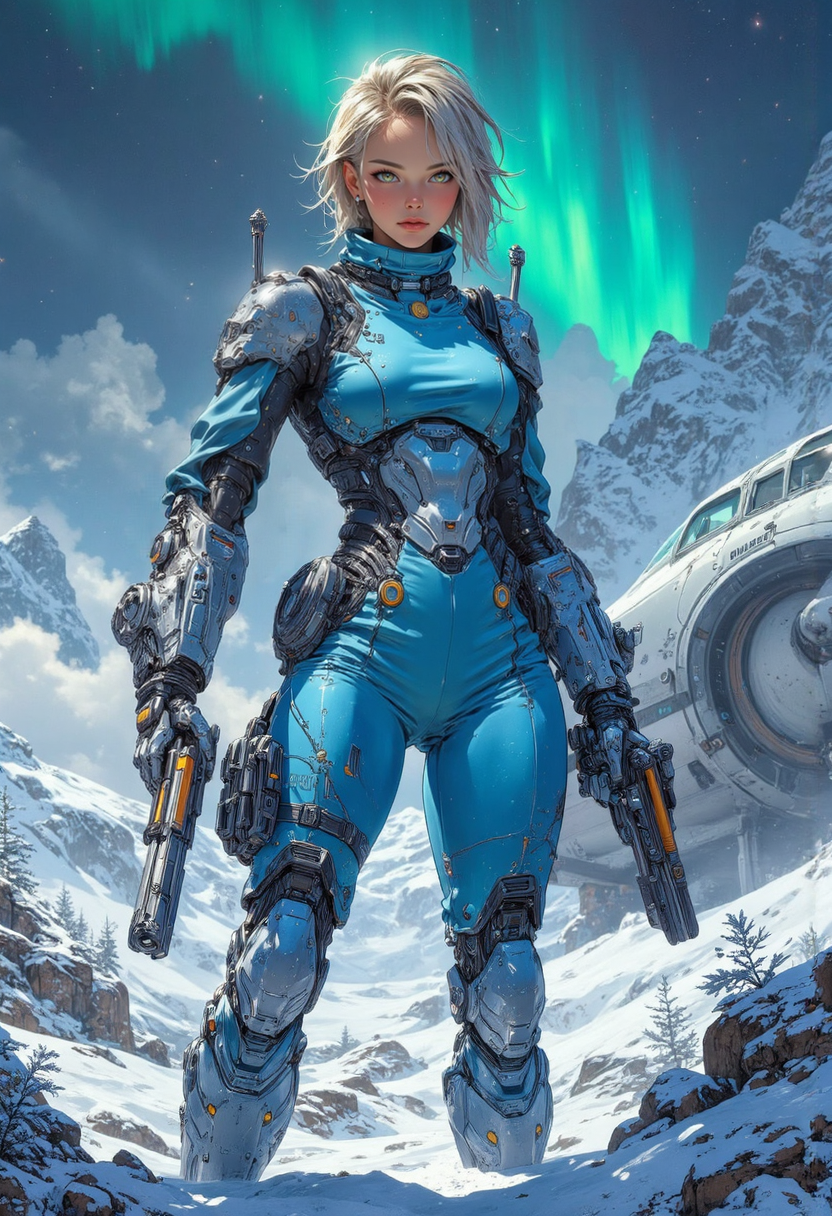 Dark Fantasy Art, cybernetic aRM realistic portrait image of An athletic female space bounty hunter on the icy surface of a frozen alien planet. short messy blonde hair, Snow and ice crystals cling to her skin tight blue futuristic armor, which has subtle warm hues to contrast the cold landscape. Her breath is visible in the frigid air as she scans the horizon. Towering ice cliffs and frosted alien flora surround her, while a large, frozen lake reflects the glow of a green aurora in the night sky above. Her determined expression shows through the icy mist as she stands by her landed space plane with an open cockpit
she holds 2 plasma pistols in both hands akimbo as she hunts her prey
artistic style of Jean "Moebius" Giraud
<lora:CPA:0.8>  , glow effects, godrays, Hand drawn, render, 8k, octane render, cinema 4d, blender, dark, atmospheric 4k ultra detailed, cinematic, Sharp focus, big depth of field, Masterpiece, colors, 3d octane render, 4k, concept art, trending on artstation, hyperrealistic, Vivid colors, extremely detailed CG unity 8k wallpaper, trending on CGSociety, Intricate, High Detail, dramatic  <lora:Midjourney_-_SemiReal_Dreams_FLUX_LoRA:0.7> <lora:FluxMythV2:0.5>, 