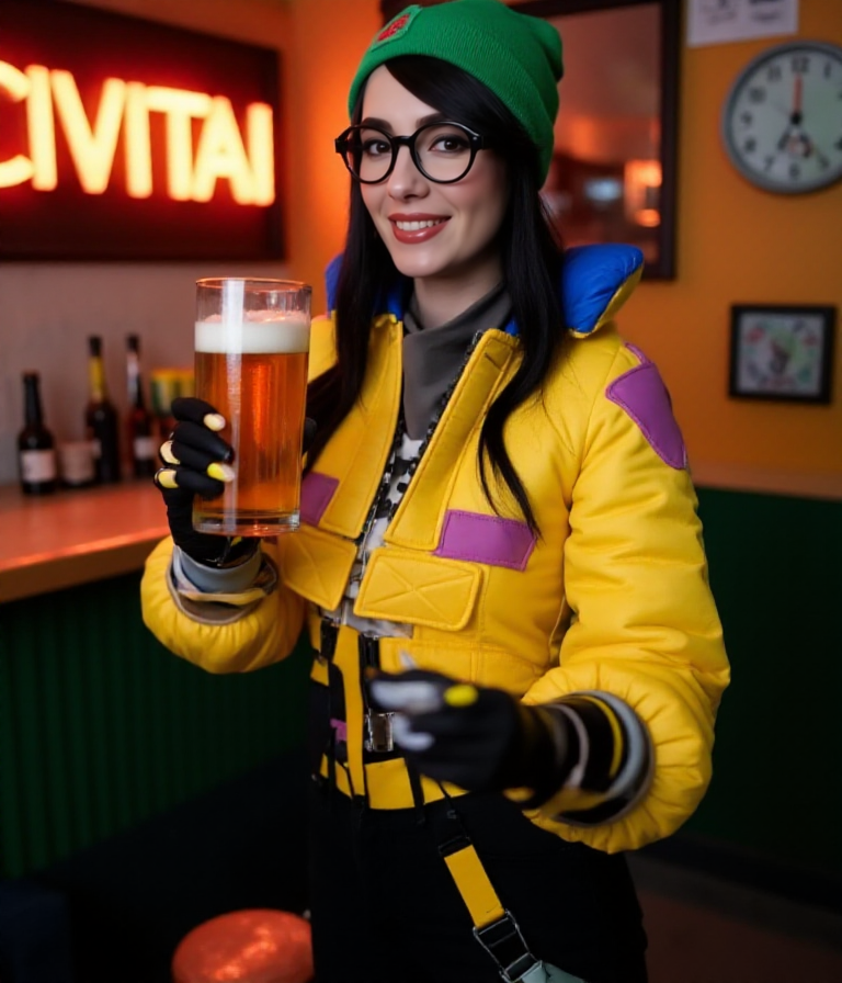 She holds a beer in a pub. A neon sign says "CIVITAI".  <lora:Killjoy:0.9> killjoy, a woman with a yellow jacket, black glasses, green hat, black pants.