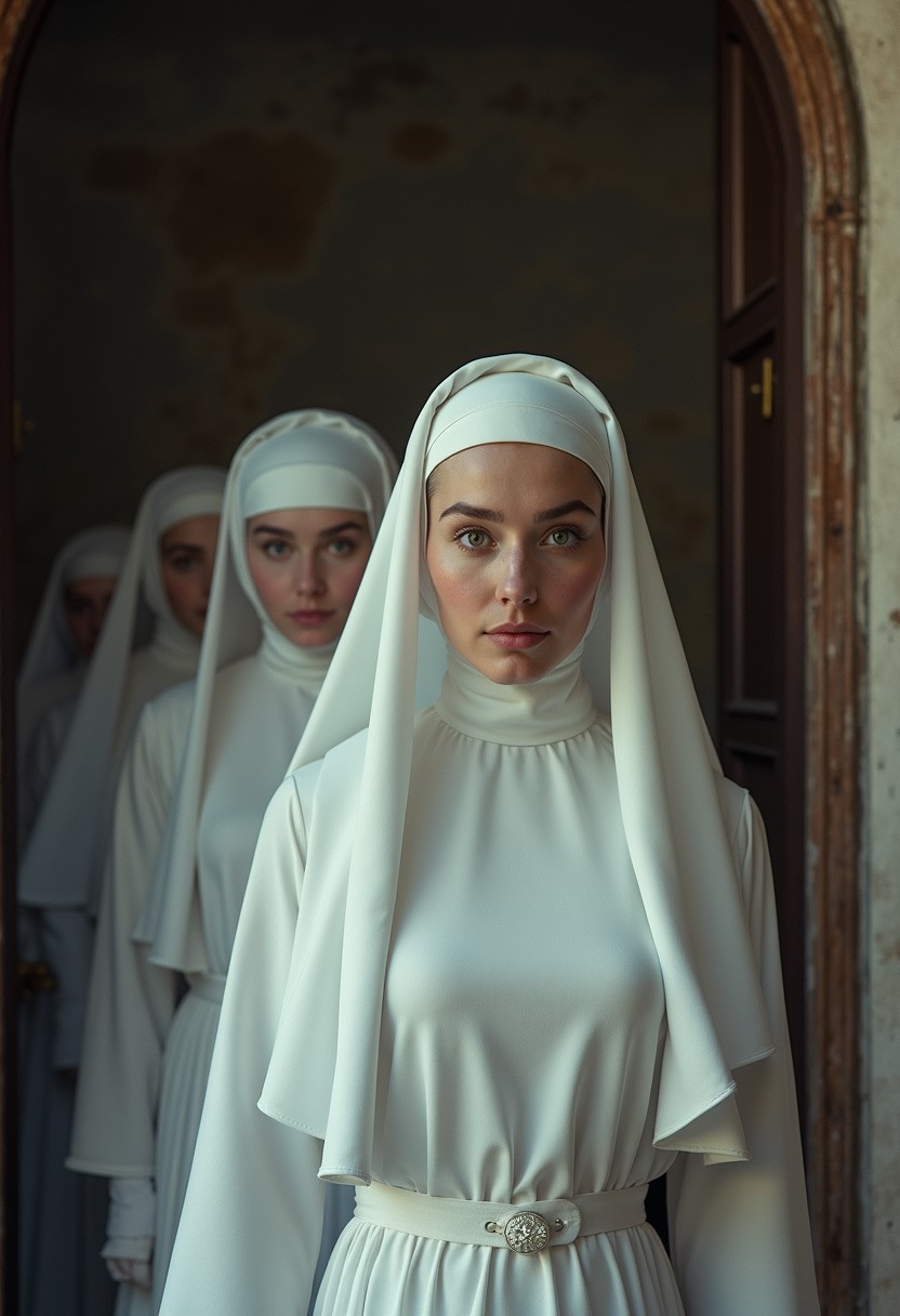 closeup front view, buxom nuns standing in a row, front view, lustful blushed pure eros face vintage nuns looking to viewer, Capture the anticipation: A vintage scene unfolds as a group of nuns, clad in white habits and bonnets, cautiously open the doors of an ancient castle. Their faces alight with curiosity and expectation, embodying a moment steeped in mystery and intrigue.
deep blacks, high contrast, atmospheric haze, Film grain, cinematic film still, shallow depth of field, highly detailed, moody, epic, OverallDetail, 2000s vintage RAW photo, photorealistic, candid camera, color graded cinematic, atmospheric lighting, imperfections, natural, shallow dof