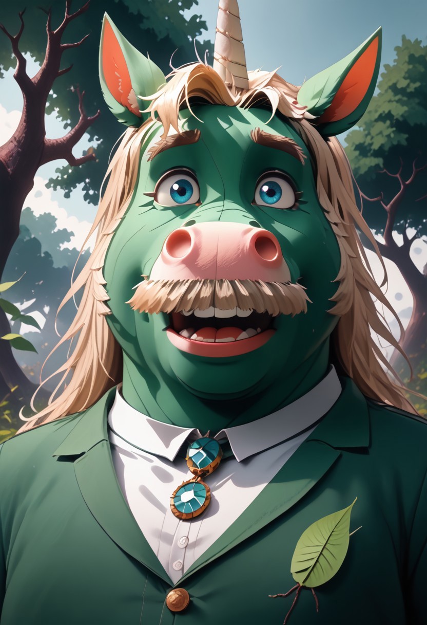 PLANT GIRL, WORLD MORPH LEAVES, 1boy, male, solo, RED LEAVES, anthropomorphic unicorn made of DEAD LEAVES, fat, light blue eyes, white unicorn, long blonde mane, pink snout, bushy white mustache, unicorn horn, logo on chest, anthropomorphic character, big expressive eyes, perfect background, pointed ears, animated character, cartoon unicorn, long white tail, 4k, masterpiece, best quality, highly detailed, forest background, upper body, low angle, seductive expression, round belly, shocked, startled, close up, male focus, show belly
