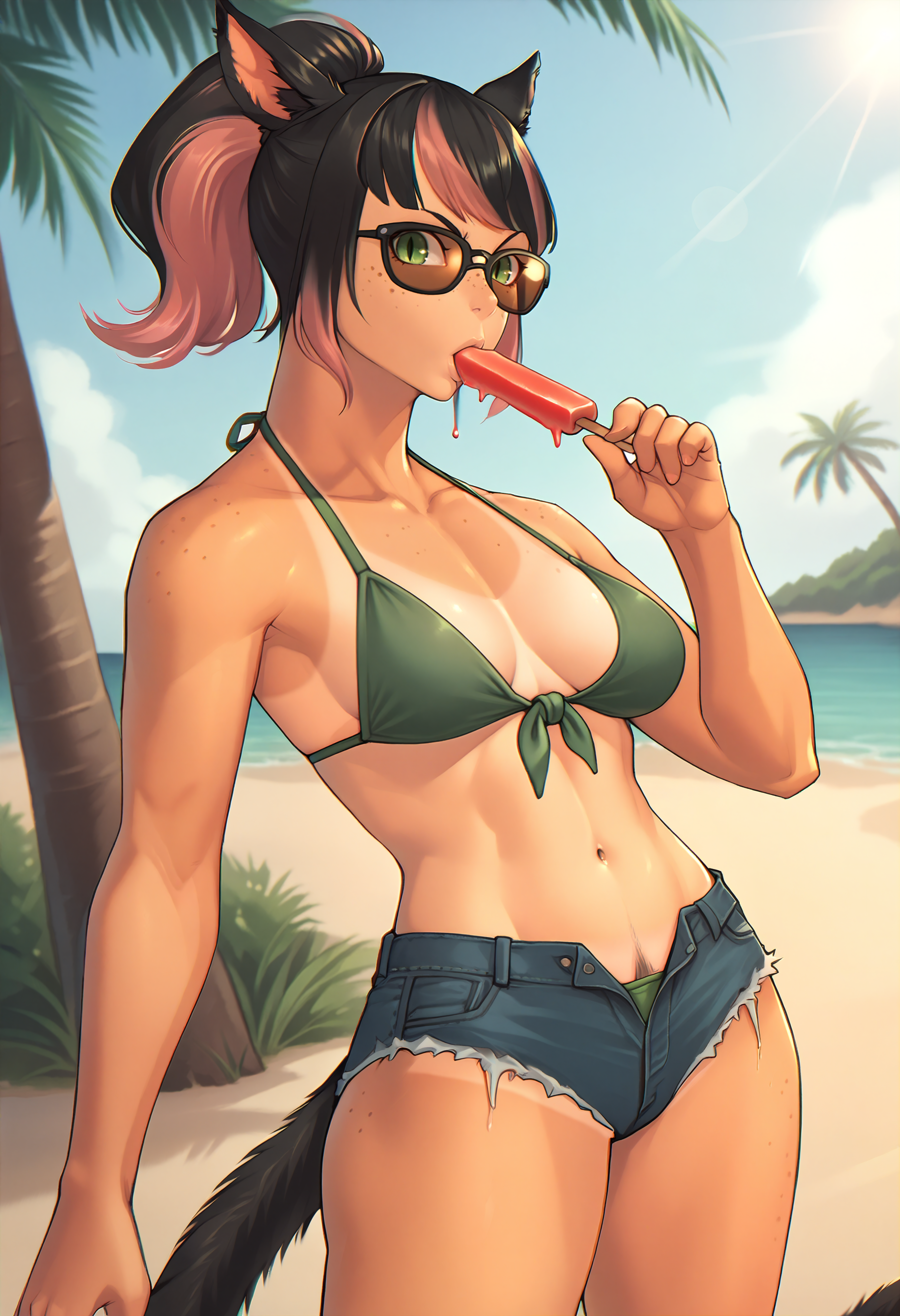 score_9, score_8_up, score_7_up BREAK solo, 1girl, xivmc, animal ears, two-tone hair, ponytail, green eyes, slit pupils, freckles, tail, <lora:clamXIVMC_v30:1> outdoors, beach, standing, leaning back, tanlines, cutoffs, pubic hair peek, breasts, bikini top, sunglasses, popsicle, dripping, palm trees, sunlight, looking at viewer <lora:mikel4hands_pd:0.8>
