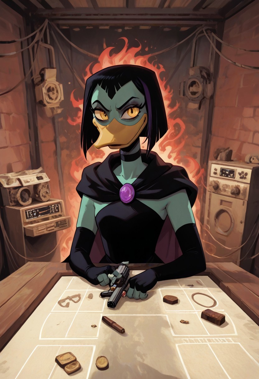 score_9 score_8_up score_7_up score_6_up score_5_up score_4_up, 1girl, buckshot roulette, magica de spell, female, anthro, duck, beak, ducktales, black hair, green skin, yellow eyes, eye bags, eyeliner, elbow gloves, fingerless gloves, cape, black dress, choker, holding a gun, left pistol, aiming at you, aiming at viewer, evil smile, evil eyes, partially covered in shadow, dark aura,