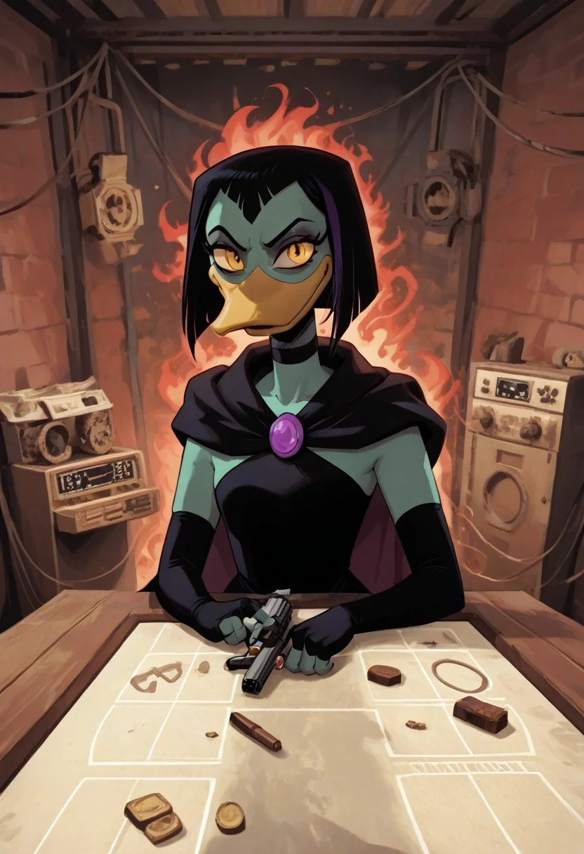 score_9 score_8_up score_7_up score_6_up score_5_up score_4_up, 1girl, buckshot roulette, magica de spell, female, anthro, duck, beak, ducktales, black hair, green skin, yellow eyes, eye bags, eyeliner, elbow gloves, fingerless gloves, cape, black dress, choker, holding a gun, left pistol, aiming at you, aiming at viewer, evil smile, evil eyes, partially covered in shadow, dark aura,