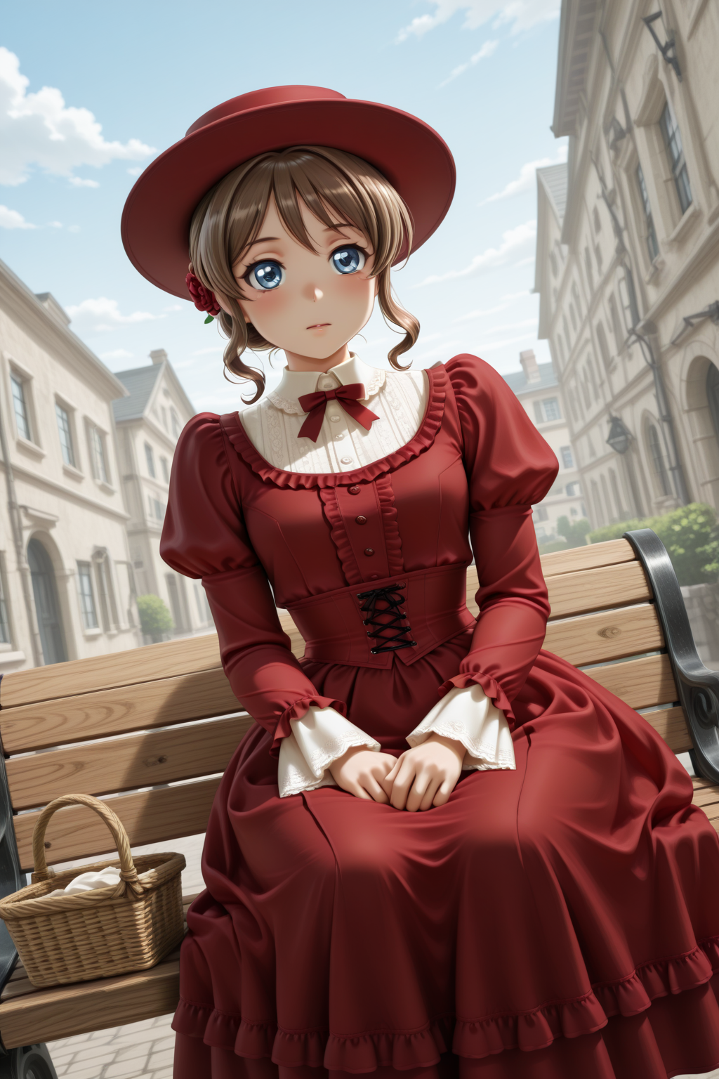 masterpiece, best quality, amazing quality, 1girl, solo, makeup, general, looking at viewer, blush, holding basket, outdoors, street, victorian era, standing, cloud, sky, dutch angle, day, wide brimmed hat, 19c london, wooden bench, sitting, <lora:Yamabuki_Saaya_Ban_Dori:1>, Yamabuki_Saaya_Ban_Dori, blue eyes, brown hair, short hair, single hair bun, bow, breasts, sidelocks, hair flower, <lora:Victorian_Whim_Velvet_Dress:1>, Victorian_Whim_Velvet_Dress, long dress, red dress, puffy long sleeves, juliet sleeves, frills, red bow, red ribbon, floral print, cross-laced clothes, corset, <lora:wai-2Rectified-V140:1>, <lora:illustrious_noobai_epsilon_pred_1_masterpieces_v1:1>
