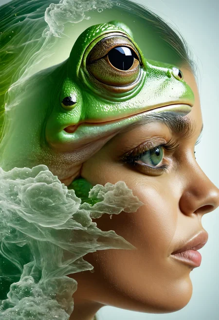dvr-wwyt, a woman, pepe the frog, double exposure <lora:dvr-wwyt:0.8>