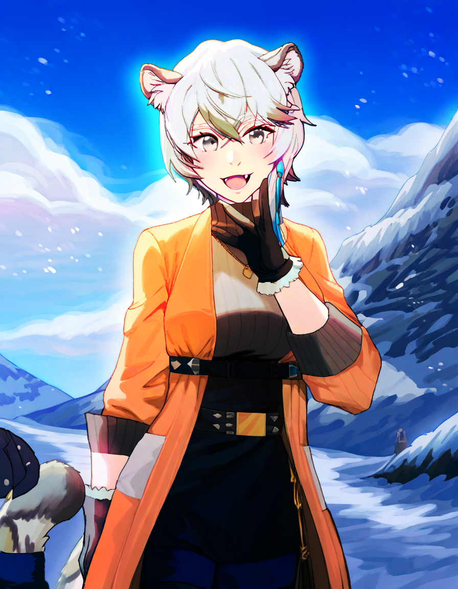 score_9, score_8_up, source_anime, masterpiece, best quality, amazing quality, very aesthetic, absurdres,  newest, scenery, volumetric lighting, source_anime, vibrant colors, female, absurdres, highres, 1girl, :d, animal ear fluff, animal ears, black gloves, blue sky, blush, breasts, cloud, coat, cowboy shot, day, fang, fur trim, gloves, grey eyes, hair between eyes, infection monitor \(arknights\), leopard, leopard ears, leopard girl, leopard tail, looking at viewer, medium breasts, official alternate costume, open mouth, orange coat, outdoors, ribbed sweater, short hair, sidelocks, sky, smile, snow leopard ears, snow leopard girl, snow leopard tail, snowing, solo focus, standing, sweater, tail, turtleneck, turtleneck sweater, white hair, BREAK <lora:incase_style_v3-1_ponyxl_ilff>, <lora:Ensia_Silverash>