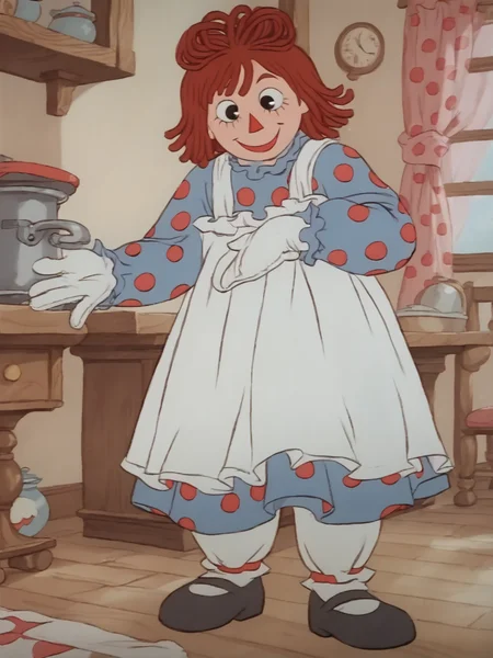 score_9, score_8_up, score_7_up, score_6_up, BREAK, RaggAnn, 1girl, solo, red hair, smile, apron, black eyes, polka dot, black footwear, blue dress, white gloves <lora:Raggedy_Ann-000009:1>