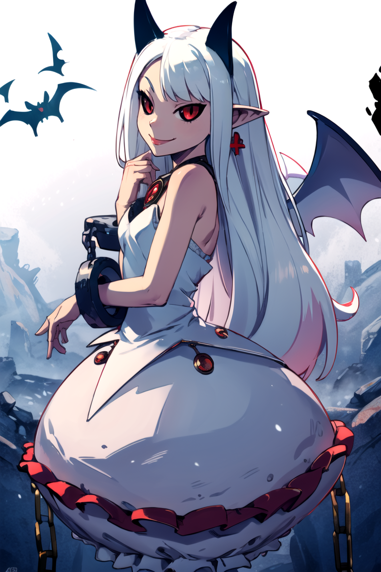 ((masterpiece,best quality)), absurdres,
<lora:Pram_Phantom_Kingdom_Anime_Dim32:0.8>, Pram_Phantom_Kingdom, 
1girl, solo, long white hair, horns, pointy ears, red eyes, black sclera, jewelry, dress, bubble skirt, earrings, chain, bat wings, albino, shackles, very long hair,
solo, smiling, looking at viewer, cowboy shot, side view, 
cinematic composition, dynamic pose,
