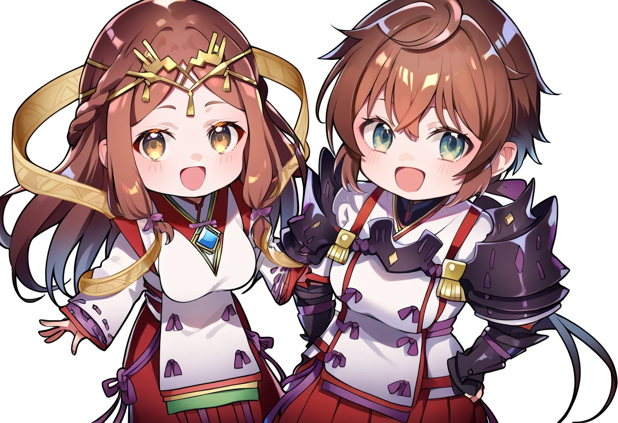 (score_9:0.9),score_8_up,score_7_up,anime style,rating_safe,(zPDXL),2girls,white background,medium breasts,looking at viewer,smile,blush,open mouth,parted lips, chibi
BREAK long sleeves,haze_xb2,miko costume,red hakama skirt,
BREAK shoulder armor,fingerless gloves,lora_xb2,white japanese costume,red skirt,<lora:XB2 Lora and Haze ponyXL v1:0.83>,