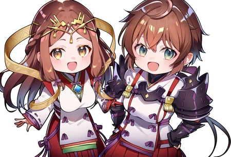 (score_9:0.9),score_8_up,score_7_up,anime style,rating_safe,(zPDXL),2girls,white background,medium breasts,looking at viewer,smile,blush,open mouth,parted lips, chibi
BREAK long sleeves,haze_xb2,miko costume,red hakama skirt,
BREAK shoulder armor,fingerless gloves,lora_xb2,white japanese costume,red skirt,<lora:XB2 Lora and Haze ponyXL v1:0.83>,
