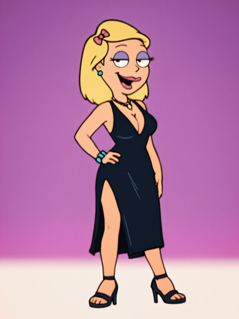 becky, 1girl, blonde hair, solo, breasts, cleavage, black dress, earrings, makeup, hair bow, necklace, high heels, medium breasts, open mouth, smile, bracelet, lipstick,looking at viewer, smile, hand on own hip, naughty face,  score_9, score_8_up, score_7_up, score_6_up <lora:BeckyPony1.0:0.8>