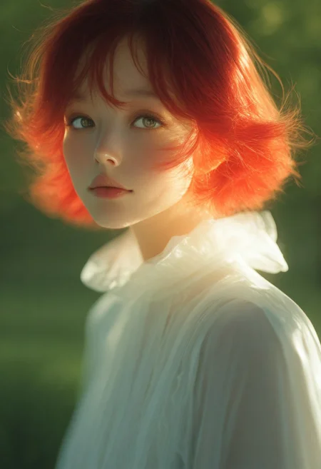 7481llu, masterpiece, best quality, amazing quality, very aesthetic, absurdres, newest, (scenery, volumetric lighting), 8K, depth of field, focused subject, perfect eyes, 1girl, Realistic photo of a young woman with curly red hair standing on top of a green hill at dawn. She is wearing a light white dress that flutters in the wind. In the distance can be seen mountains covered in a misty haze. Soft golden light floods the scene, creating an atmosphere of tranquility and freedom. Style: highly detailed photography with cinematic lighting, similar to the works of National Geographic. Depth of field: blurred background with emphasis on the model's face and hair. mwv7_alpha_v01