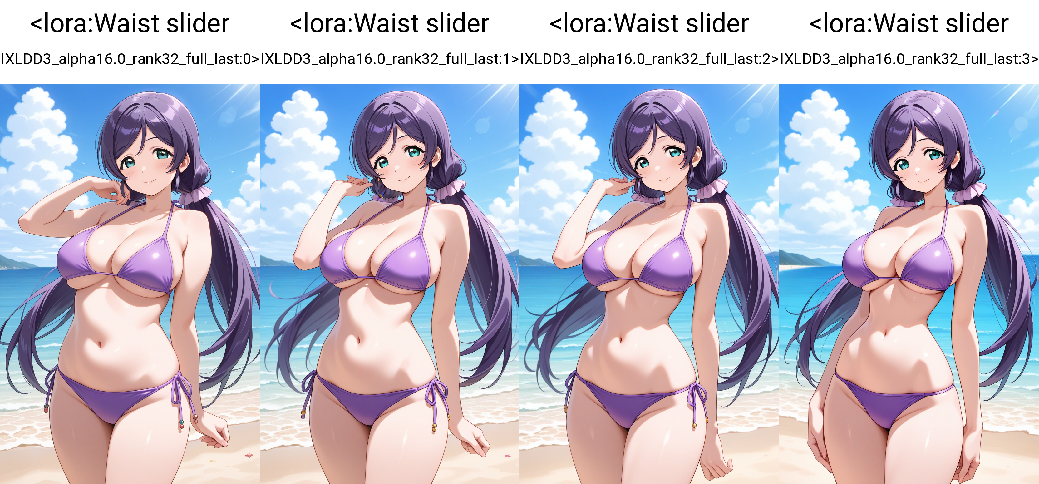 masterpiece, best quality, 1girl, standing, bikini, beach, tojo nozomi,    <lora:Waist slider IXLDD3_alpha16.0_rank32_full_last:0>