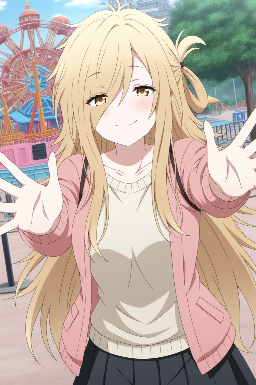 masterpiece,best quality,amazing quality,very aesthetic,absurdres,newest, 1girl, solo, original, hair rings, beige sweater low-cut sweater with black straps, collarbone, pink jacket, black skirt pleated skirt medium skirt past thighs, upper body, standing, amusement park background, looking at viewer, one arm outstretched, spread fingers, smug, Dutch angle,
<lora:il_contrast_slider_d1 (Ð¦ÐÐÐ¢ ÐÐÐ Ð¢ÐÐÐÐ):-0.8> 
<lora:Fuyune Koujiya:0.8> fuyune_koujiya, 1girl,