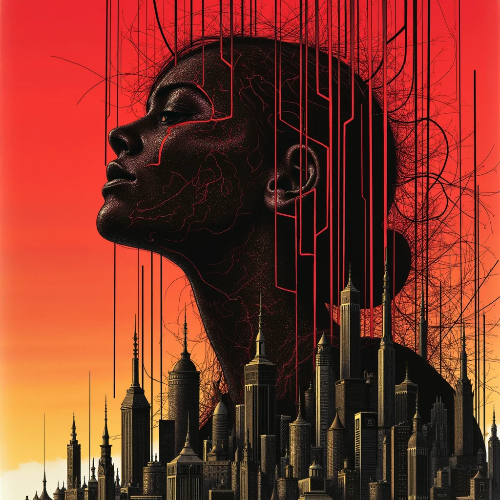 Special Ink-drawing mode, Mh1$AgThS2, intricate linework with expressive contrasts, inksketch in red and black of an advanced sci-fi cityscape, with gleaming towers and skyscrapers rising into a red sky. Hyper-realistic full-body artwork titled 'Synthesis,' inspired by I.A. Vepkhvadze (1976) and Yumihiko Amano. A hidden young woman in a dynamic pose, her form almost a silhouette, blending strong abstraction with hyper-detailed elements. Her long hair flows organically, merging with the tricolor organic background in shades of deep crimson, black, and gold. The background is a chaotic yet harmonious mix of geometric patterns and organic shapes, evoking concepts like Möbius Cascade, Supernova Ripple, Luminous Fracture and Harmonic Collision. The woman's pose conveys pain and tension, her body twisted as if caught in an invisible force. Her figure is partially obscured, with sharp, angular lines cutting through her form, creating a sense of fragmentation and abstraction. Lighting is dramatic, with stark contrasts between light and shadow, emphasizing the textures of her skin and hair. The overall composition is surreal yet hyper-realistic, blending emotional depth with mathematical and scientific symbolism. The atmosphere is intense, with a haunting beauty that draws the viewer into the woman's struggle and the abstract world around her.