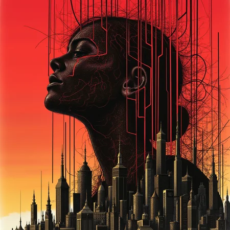 Special Ink-drawing mode, Mh1$AgThS2, intricate linework with expressive contrasts, inksketch in red and black of an advanced sci-fi cityscape, with gleaming towers and skyscrapers rising into a red sky. Hyper-realistic full-body artwork titled 'Synthesis,' inspired by I.A. Vepkhvadze (1976) and Yumihiko Amano. A hidden young woman in a dynamic pose, her form almost a silhouette, blending strong abstraction with hyper-detailed elements. Her long hair flows organically, merging with the tricolor organic background in shades of deep crimson, black, and gold. The background is a chaotic yet harmonious mix of geometric patterns and organic shapes, evoking concepts like Möbius Cascade, Supernova Ripple, Luminous Fracture and Harmonic Collision. The woman's pose conveys pain and tension, her body twisted as if caught in an invisible force. Her figure is partially obscured, with sharp, angular lines cutting through her form, creating a sense of fragmentation and abstraction. Lighting is dramatic, with stark contrasts between light and shadow, emphasizing the textures of her skin and hair. The overall composition is surreal yet hyper-realistic, blending emotional depth with mathematical and scientific symbolism. The atmosphere is intense, with a haunting beauty that draws the viewer into the woman's struggle and the abstract world around her.