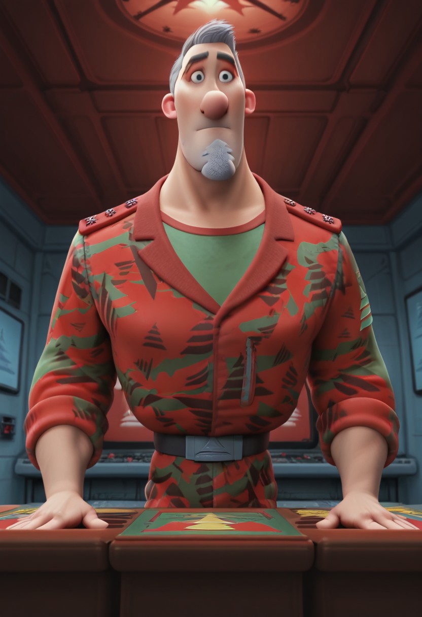 Cartoon source, High Quality, perfect anatomy, amazing art, LineArt, Master piece, Nice art, Steve Claus, 1boy, solo, Mature man, Mature man, gray hair, short hair, black eyes, big nose, eyebrows, goatee, Christmas tree goatee, facial hair, gray hair, Big pecs, Big chest, military uniform, dynamic pose, dynamic view,