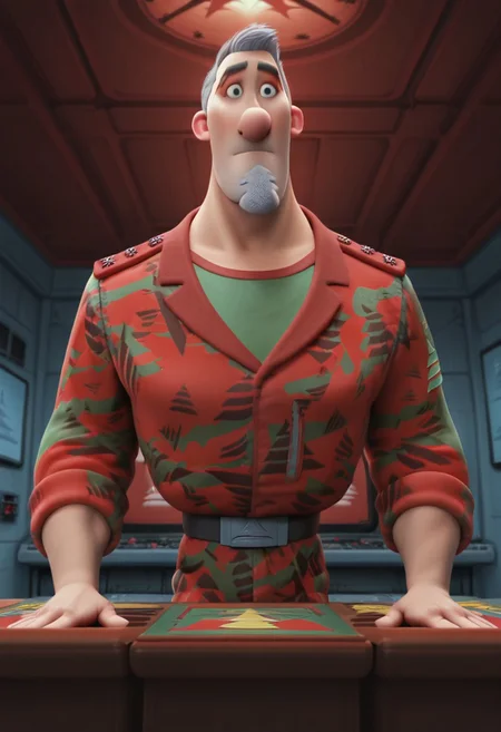 Cartoon source, High Quality, perfect anatomy, amazing art, LineArt, Master piece, Nice art, Steve Claus, 1boy, solo, Mature man, Mature man, gray hair, short hair, black eyes, big nose, eyebrows, goatee, Christmas tree goatee, facial hair, gray hair, Big pecs, Big chest, military uniform, dynamic pose, dynamic view,