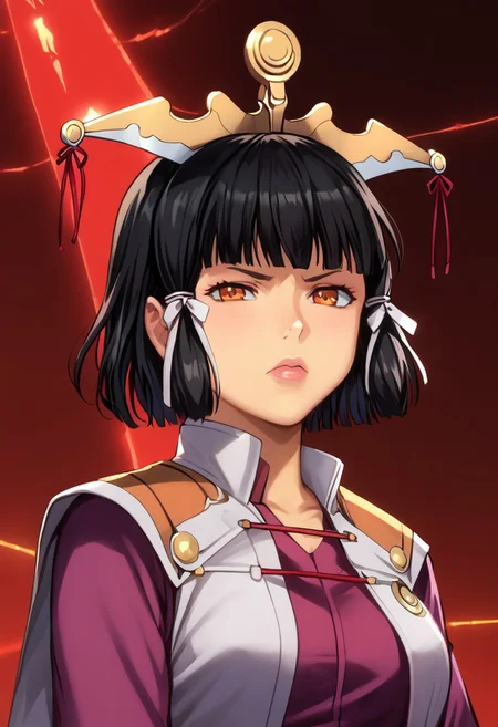 score_9, score_8_up, score_7_up, detailed, intricate details, chromatic aberration, realistic, veins source_anime,
kuroinukaguya, <lora:kuroinu-kaguya-ova-ponyxl-lora-nochekaiser:1>,
kaguya, black hair, orange eyes, hime cut, short hair,
hair ribbon, (best quality) , (highly detailed) ,((masterpiece)), ((best quality)), (ultra-detailed), ((extremely detailed)), (high resolution), 4K, (8K), best quality, (beautiful), (dynamic lighting), (super detailed skin), sharp focus, (1_girl, solo focus), shiny skin,
white vest, purple jumpsuit, furrowed brow, lips, blue armband, confused, ?, crossed arms, closed eyes, annoyed,