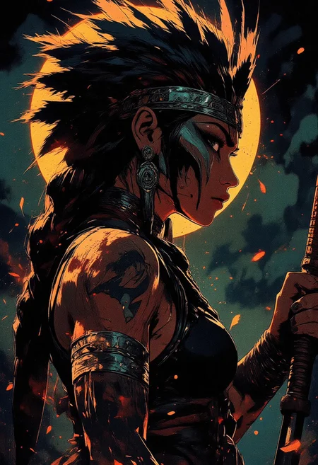 Female aztec warrior, tribal, wolf headdress, Revenant, war paint, face paint, eye black, glowing eyes, in profile, toned arms, braided hair, large breasts, dark and moody background, adds a dramatic tone, subtle lighting reflections, ray traced, foreshortening, particle effect, Holding a sword,