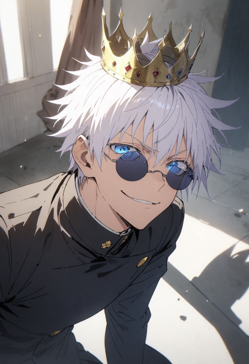 score_9, score_8_up, score_7_up, score_6_up, masterpiece, best quality, absurdres, cinematic, dynamic angle, perfect composition, solo, 1boy, gojou satoru, blue eyes, white hair, crown on head, round sunglasses, jacket, black jacket, gakuran, school uniform, high collar, smirk, standing, looking at viewer,