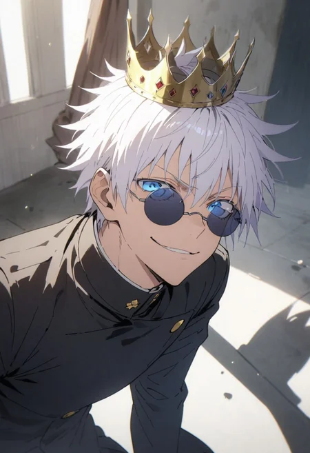 score_9, score_8_up, score_7_up, score_6_up, masterpiece, best quality, absurdres, cinematic, dynamic angle, perfect composition, solo, 1boy, gojou satoru, blue eyes, white hair, crown on head, round sunglasses, jacket, black jacket, gakuran, school uniform, high collar, smirk, standing, looking at viewer,