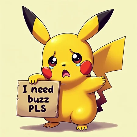A very sad crying Pikachu from Pokemon holding a sign that says "need buzz pls"