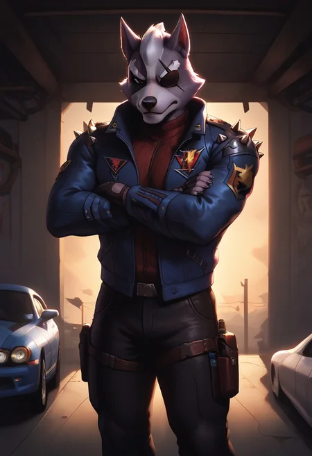 score_9_up, score_8_up, score_7_up, masterpiece, best quality, amazing quality, very aesthetic, absurdres, newest, high quality, detailed, volumetric lighting, Wolf O’Donnell, broad shoulders, mature male, red eyes, athletic build, animal ears, wolf, scruffy, anthro, anthro male, gray fur, eyepatch on left eye, black and blue jacket, combat gear, high tech eyepatch, scouter, spiked shoulder pads, black fingerless gloves, black pants, standing, looking at viewer, indoors, arms crossed, jet in background, garage, thick thighs, pecs, wide hips