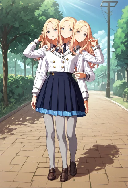 ((1girl)), ((8arms, three heads, six legs, trileg)),  score_9, score_8_up, score_7_up, score_6_up, score_5_up, score_4_up, shiny skin, juosena, (( grey pantyhose)), loafers, fully clothed,  walking , slender legs, (from behind) ,outdoors, park, [shadows], light rays, Expressiveh