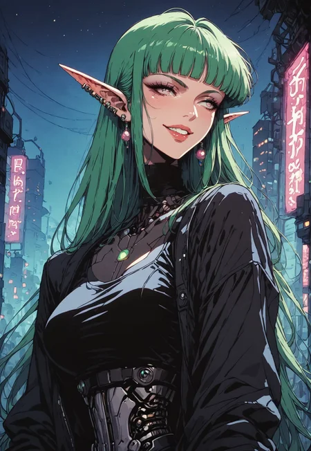 safe_pos, score_9, score_8_up, score_7_up, Expressiveh, high-quality, ultra-high-definition, fine details, highly detailed eyes, meticulously crafted, crisp, highest quality, ASTHTC, cmte, forehead, detailed skin, detailed lighting, realistic, stunning woman, elf, pointed ears, solo, milf, huge ass, bottom heavy, huge tits, huge soft thighs, curvy, wide hips, earrings, looking away, smug, haughty, wide grin, lemon green hair, long curl hair, blunt bangs, upper body, medium shot, green hazel eyes, choker, android, prosthetic arms, piercings, necklace, bomber jacket, black crop cami top, pov, close-up, outdoors, pinup pose, at night, night time, ambient lighting, halftone, etching, cyberpunk neon city background