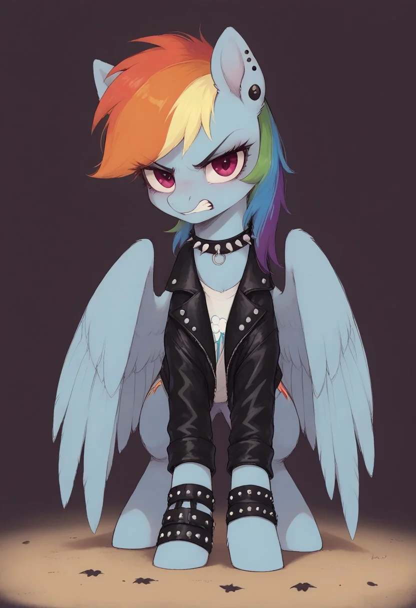 score_9, score_8_up, score_7_up, d4rkpurp, ((feral pony)), solo, dark background, dark leaves on the background, looking back at viewer, standing on four legs, angry expression, close up, fighting pose, front view
BREAK,
(rainbow dash, pegasus), leather jacket, spiked choker, piercing in ears, gray t-shirt, black leather wristbands