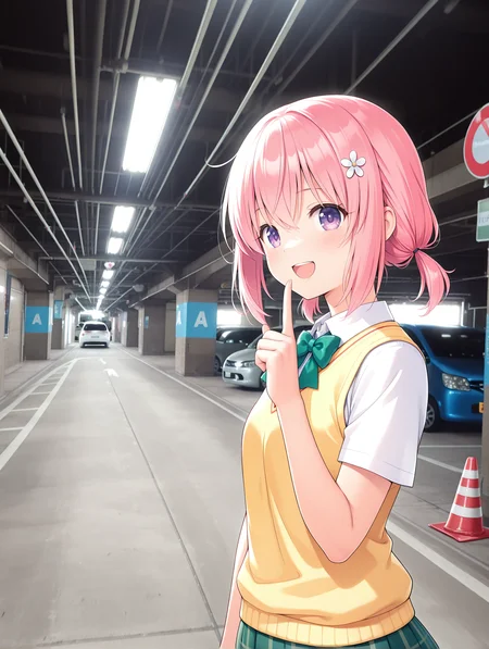 masterpiece,best quality,newest,
1girl,solo,
<lora:mpl_ilxl_v1.1>,
m_p_l,car,ground vehicle,road sign,traffic cone,vanishing point,high ceiling,
<lora:Fixhands_anime_bdsqlsz_V1:1>,<lora:momo_ilxl_v1.8:1>,momo,pink hair,low twintails,purple eyes,h_o,hair ornaments,m_clothes,short sleeve blouse,yellow vest,green bowtie,green plaid skirt,looking_at_viewer,:d,upper_body,from_side,shushing,