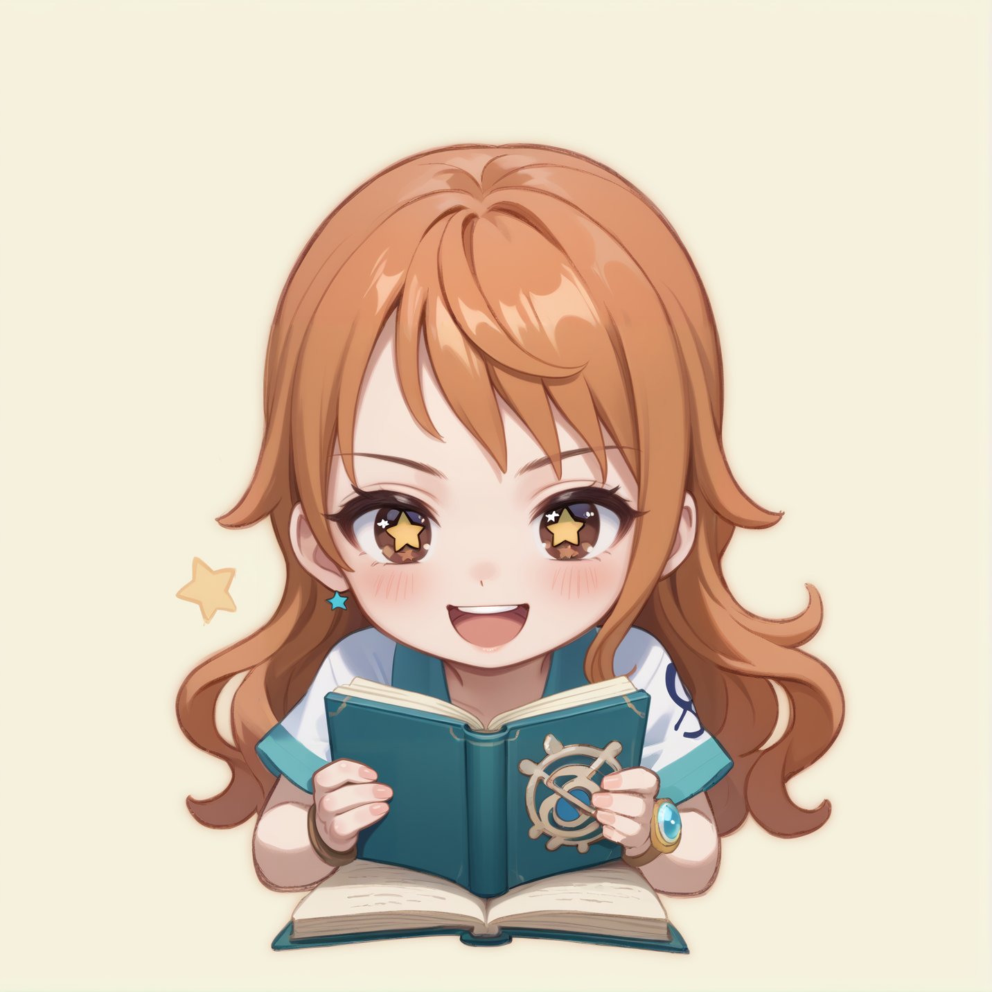 score_9, score_8_up, score_7_up, rating_safe, zPDXL2,  zPDXLxxx, zPDXL3, source_anime, <lora:GenshinChibi:1.2>, 
GenshinChibi, chibi, nami \(one piece\), orange hair, 1girl, solo, long hair, simple background,
brown eyes, blush, smile, open mouth, :3, +_+, monocle, star-shaped pupils, 
holding,  book, holding book,  pen,