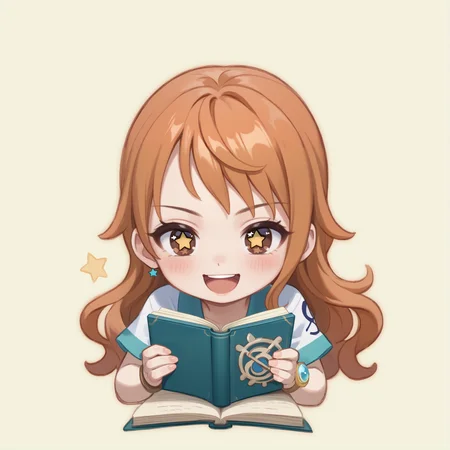 score_9, score_8_up, score_7_up, rating_safe, zPDXL2, zPDXLxxx, zPDXL3, source_anime, <lora:GenshinChibi:1.2>,
GenshinChibi, chibi, nami \(one piece\), orange hair, 1girl, solo, long hair, simple background,
brown eyes, blush, smile, open mouth, :3, +_+, monocle, star-shaped pupils,
holding, book, holding book, pen,