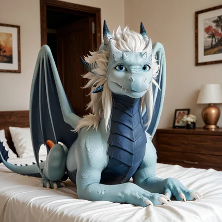 score_9, score_8_up, score_7_up, score_6_up, score_5_up, score_4_up, masterpiece, high quality, realistic, detailed, best quality, solo, rating_safe, source_furry, bedroom, smiling, looking at viewer, standing, lying on back, white bed, detailed eyes, azymondias_tdp, dragon, light blue scales, white hair, blue wings, horns, tail, claws, male, 1boy, blue eyes, feral