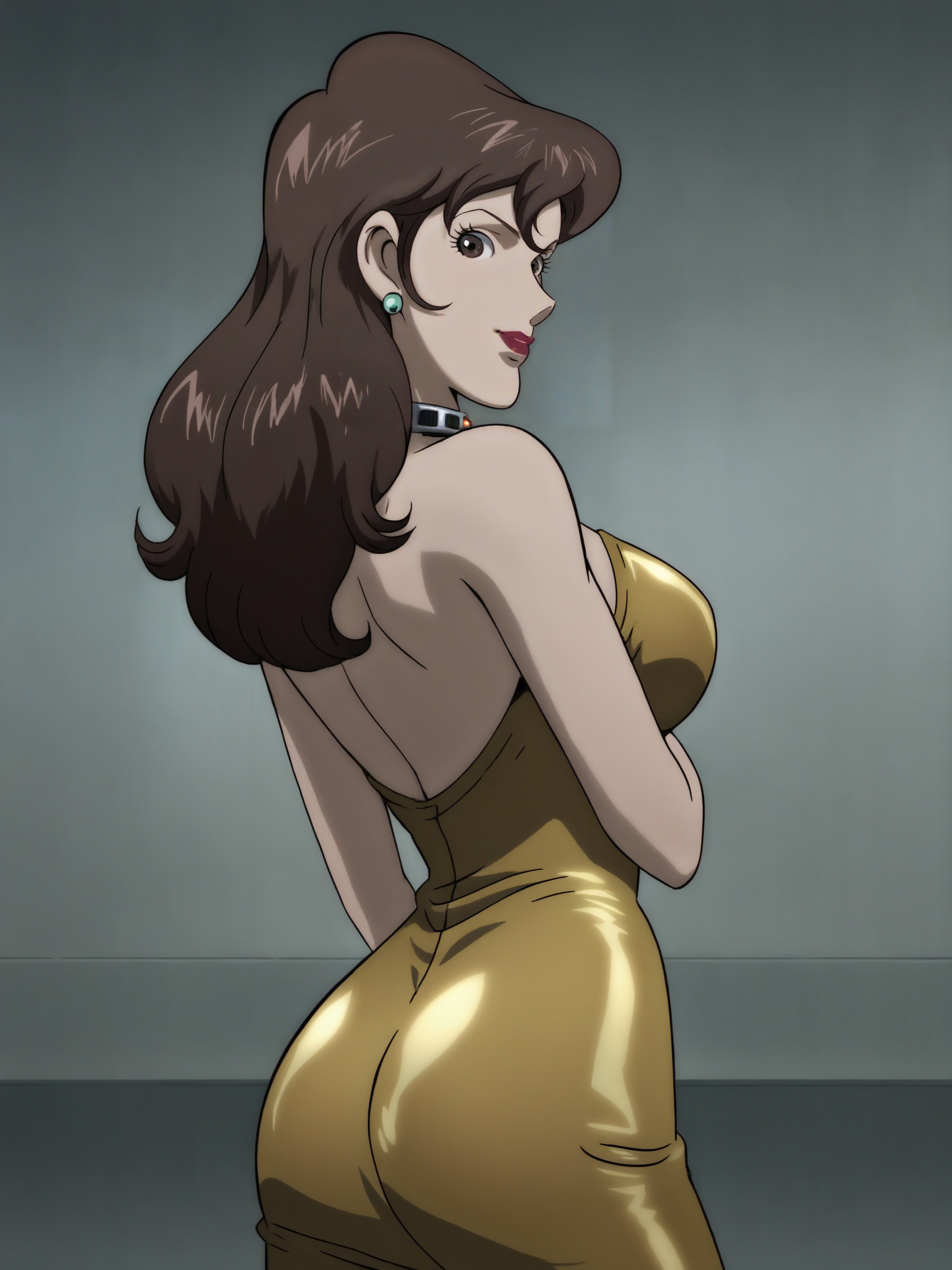 1girl, standing, looking back at viewer, uncensored, score 9 up, score 8 up,
 <lora:Lupin_the_3rd_Vs_Detective_Conan_Fujiko_Mine_Character_PonyXL:1>,fujiko_conan, brown hair, makeup, lipstick, long hair, 1girl, red lips, brown eyes, jewelry, earrings, cleavage, collarbone, large breasts, suit, choker, gold bodycon dress,