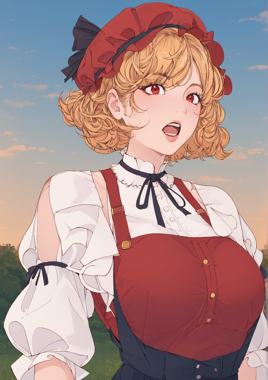 1girl, aki minoriko, huge breast, black ribbon, blonde hair, blue sky, dress, hat, juliet sleeves, long sleeves, mob cap, neck ribbon, open mouth, outdoors, pinafore dress, puffy sleeves, red dress, red eyes, red hat, ribbon, shirt, short hair, sky, sleeveless, sleeveless dress, solo, white shirt, <lora:EllieMaplefox:1>