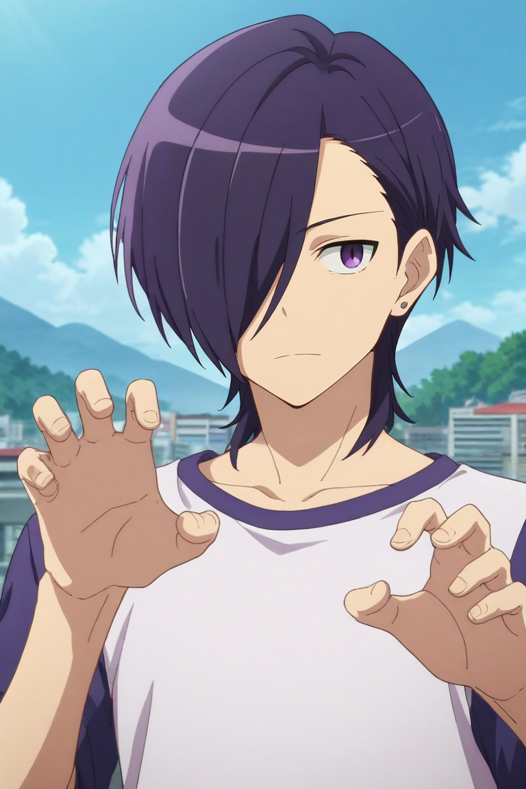 score_9, score_8_up, score_7_up, source_anime, rating_safe, , anime screencap, , , looking at viewer, , 1boy, solo, male focus, <lora:hanzou_urushihara_pony:0.78>, hanzou_urushihara, purple hair, purple eyes, hair over one eye, short hair, , upper body, mountaintop city, midnight, claw pose, :D, , <lora:sdxl_lightning_8step_lora:1>