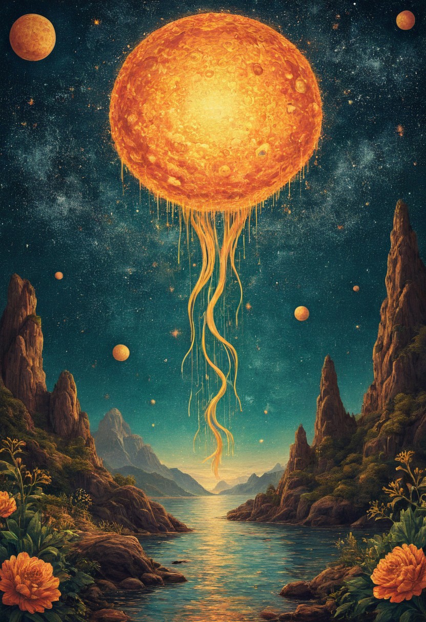 high quality, highly detailed, Imagine a dreamlike scene blending the swirling cosmic colors of Vincent van Gogh's Starry Night with the surreal celestial precision of Salvador Dali. In this cosmic dance, celestial bodies echo Turner's atmospheric touch, blurring the line between reality and fantasy, In the foreground, a fantastical creature takes center stage, blending the whimsy of Hieronymus Bosch's beings with the organic flow of Alphonse Mucha's art nouveau lines. Elements of H.R. Giger's biomechanical aesthetic add an otherworldly touch, awesome full color,
OverallDetailXL <lora:SDXLFaeTastic2400:0.4> <lora:DetailMaximizer:0.55> detailmaximizer  <lora:Thumbnail:0.7> flex-style